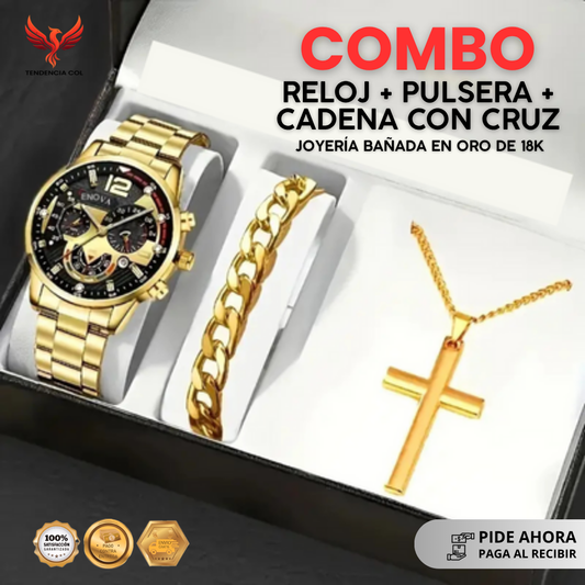 Combo Reloj + Pulsera + cadena con cruz